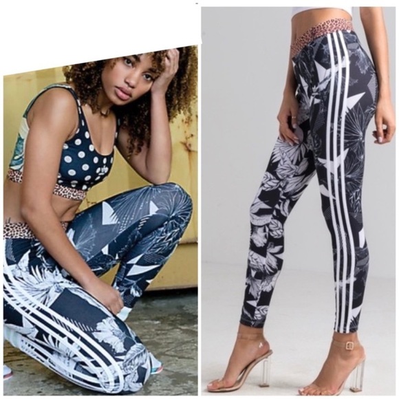 Adidas X-Farm Tropical Flower Leopard Waist Leggings Black and White - Picture 2 of 8